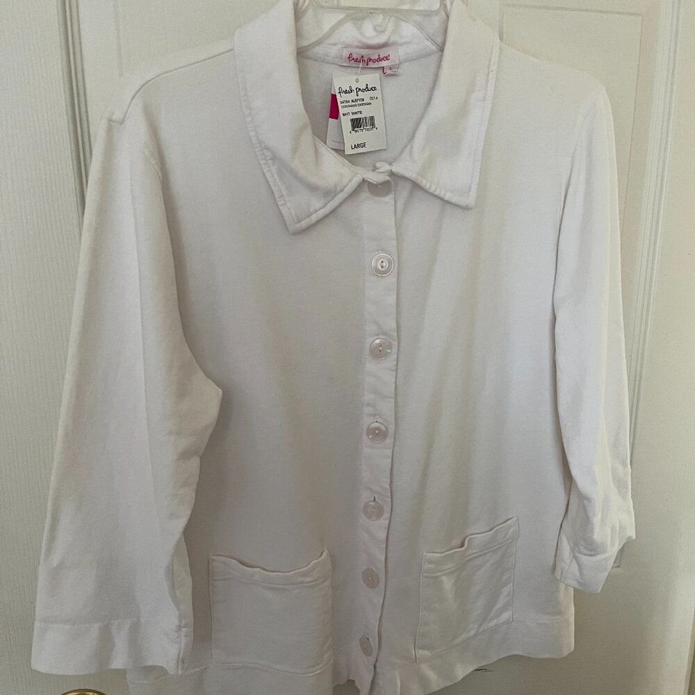 Fresh Produce Cropped White French Terry Cardigan, Jacket, 100% Cotton Size L